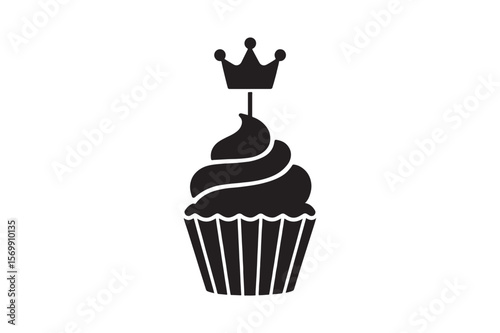 Cupcake with crown topper silhouette vector art illustration on white background