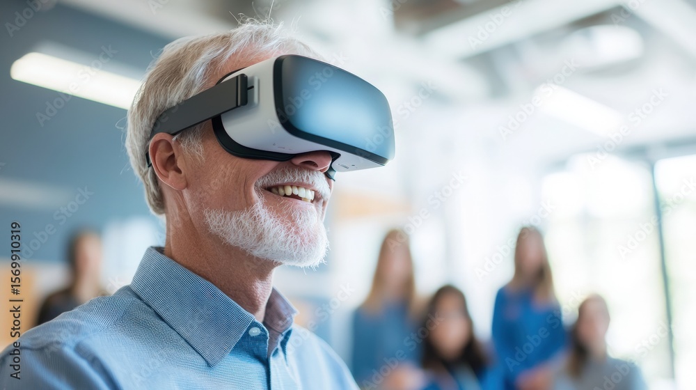 Senior man smiling in vr headset immersive tech experience Senior man smiling in vr headset immersive tech experience