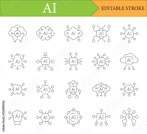 Collection of AI Icons Showcasing Neural Networks, Cloud Computing, and Artificial Intelligence Concepts for Technology and Innovation Designs