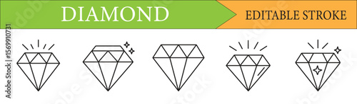 Elegant Diamond Icon Set for Jewelry, Fashion, and Design Projects, Featuring Clean Lines and Editable Strokes for Customization