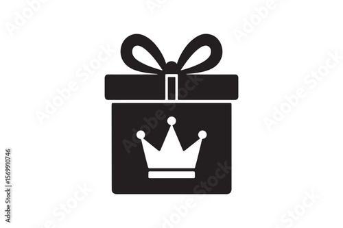 Gift box with crown silhouette vector art illustration on white background