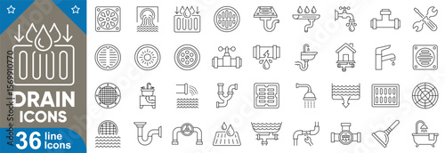 Drain line icons set. Editable stroke symbols of floor, sink, shower, bathtub, pipe, gutter, storm, overflow, pipe blockage, and more. Vector illustration