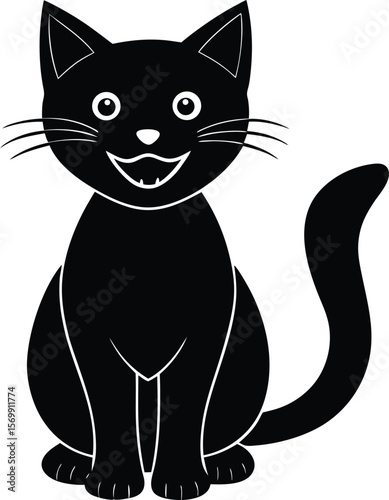 black silhouette of a smiling cat on white backgro.eps