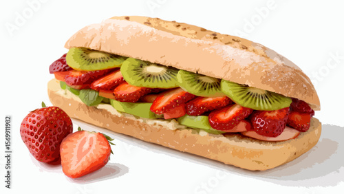 Tasty homemade vegetarian sandwich with fresh strawberries and kiwi slices, perfect for a healthy snack vector.svg