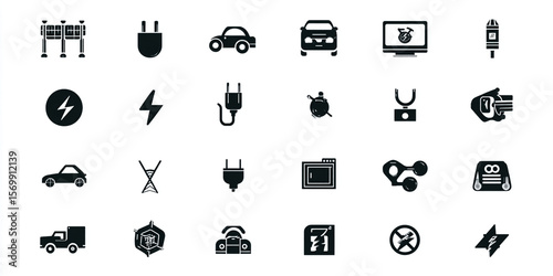 a collection of black and white icons representing various modes of modern transportation and smart city elements. Transportation icons.  white background.