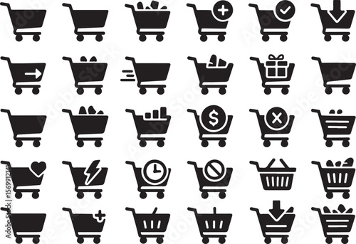 Collection of black shopping cart icons representing various e commerce actions and statuses on a white background