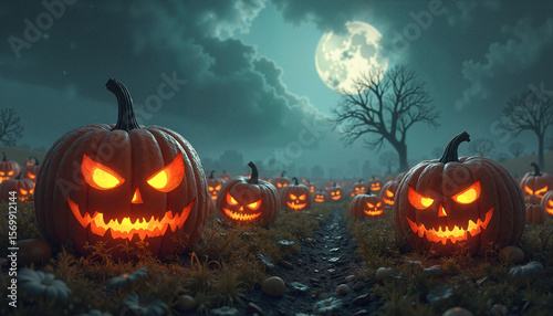Glowing jack-o'-lanterns with menacing expressions lit up in a dark, eerie pumpkin patch under a full moon, Halloween ambiance.