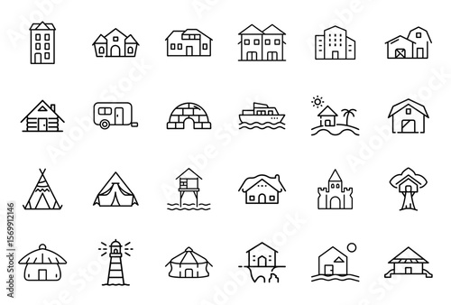 Various line icons set of houses, buildings, and shelters in different styles  