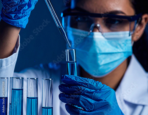 Uma cientista toda paramentada, enchendo tubos de ensaio com o uso de uma pipeta. photo