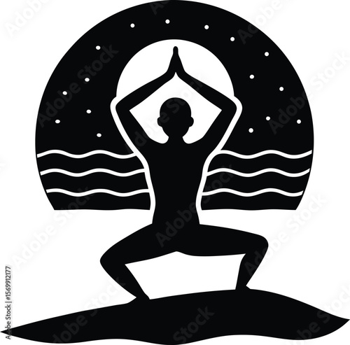 black silhouette of a yogi practicing on beach on .eps