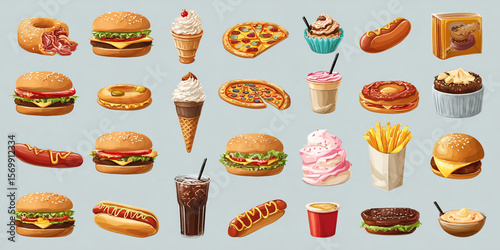 A set of flat design icons representing traditional Thanksgiving foods and decorations, 