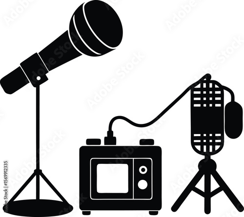 black silhouette of audio recording setup on white.eps