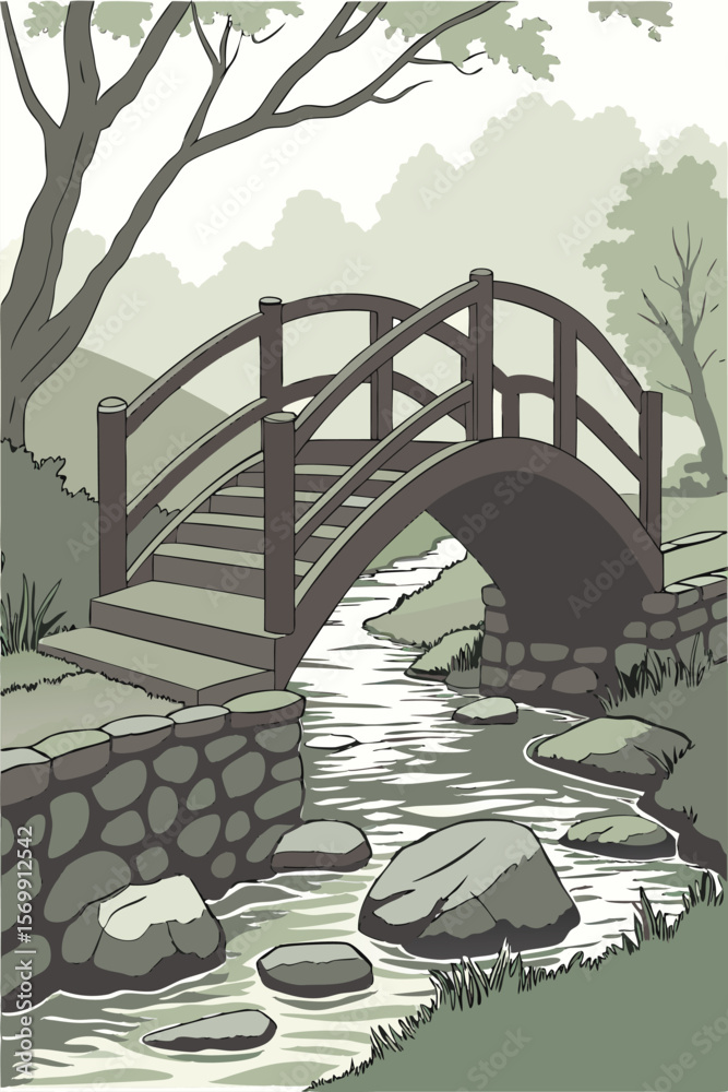 Fototapeta premium vector of bridge river background nature green simple poster wall art