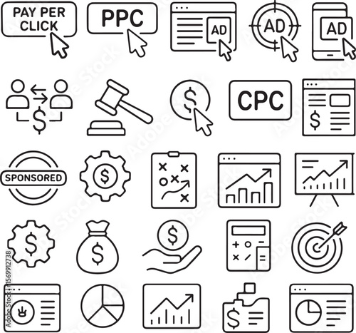 Collection of marketing and finance icons representing pay per click advertising cost per click sponsored content and financial growth strategies