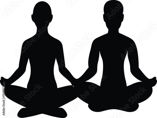 black silhouette of couple meditating side by side.eps
