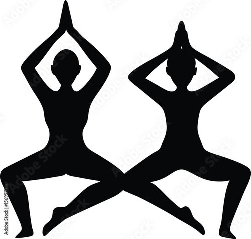 black silhouette of friends doing yoga together on.eps