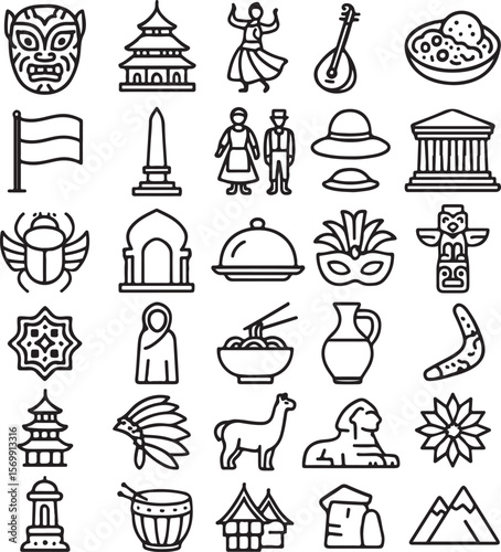 A diverse collection of cultural icons representing global traditions architecture cuisine and symbols in a clean line art style