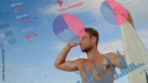 Surfer holding surfboard entering shot scanning horizon as charts converge for ocean data insights