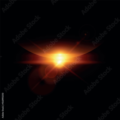Sunrise or sunset horizon, solar or moon with orange blur spark effect vector illustration, glowing aura shiny rays