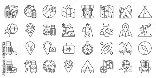 Thrilling Adventures and Tourism Destinations set of web icons in line style. adventure tourism, thrilling adventures, travel destinations and adventure travel. Vector illustration