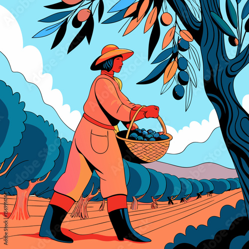 Farmer picking olives in olive grove with fruit basket, representing agricultural harvest season. Farmer picking olives from the olive trees during autumnal season,