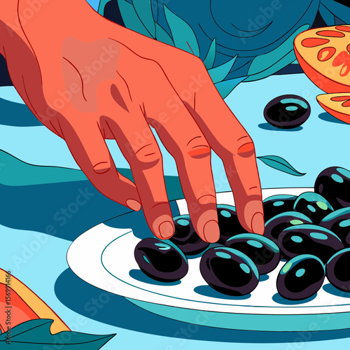 Hand reaching for olives on plate, vibrant and colorful illustration. Hand reaching for olives symbolizes harvest and abundance, adding rich texture and depth to this flat lay composition.