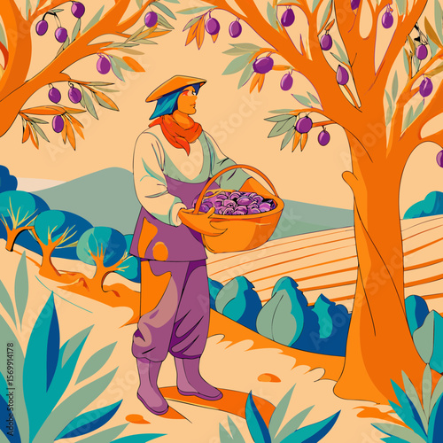 Farmer picking olives in orchard with olive trees, carrying basket filled with freshly harvested fruit.