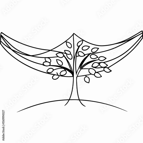 Illustrative net under tree for olive harvest, showing agriculture setup. Olive harvest design includes stylized net beneath tree to catch falling fruit.