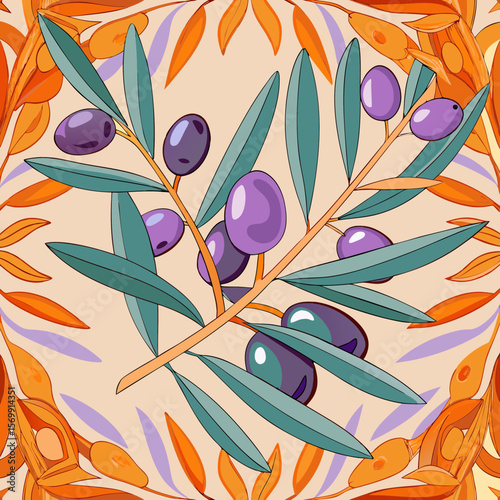 Olive branch symbolizing peace with fresh green leaves and ripe berries on beige background. Olive symbol of peace with stylized foliage and plant elements conveys a sense of serenity and hope.