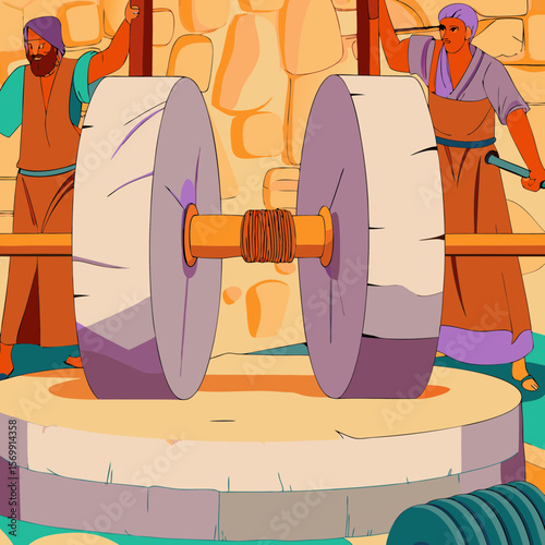 Traditional olive press depicting extraction of olive oil with workers and large millstones. Traditional olive press operation with manual labor illustrates ancient methods,