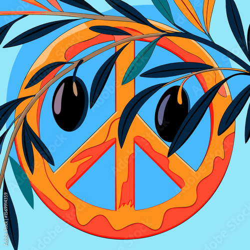 Olive symbol of peace features olive branches with ripe olives and a peace sign. Olive symbol of peace artwork conveys themes of serenity and global understanding. Representing hope and tranquility,