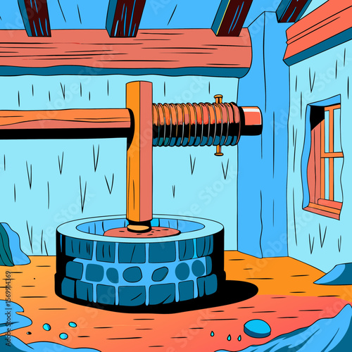 Traditional olive press illustrated with beams and stone walls, reminiscent of rustic charm. Traditional olive press machinery evokes classic methods of oil extraction from olives.