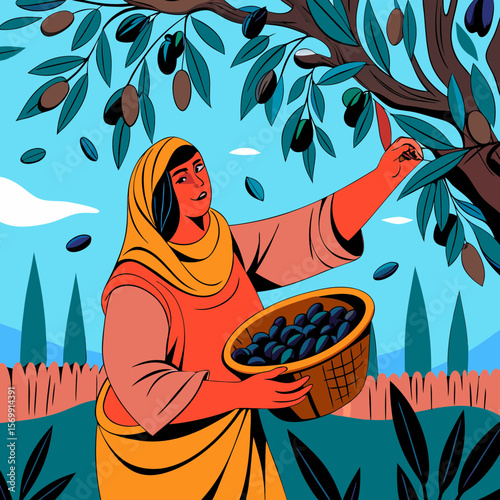 Woman harvesting olives from tree into basket. Woman harvesting olives, picking ripe fruit in orchard with foliage, landscape, and fence in background.