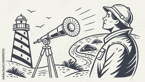 Man with telescope looking at lighthouse vector illustration for nautical travel and exploration design