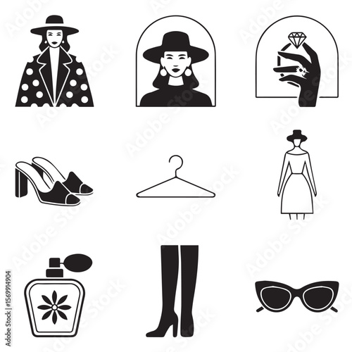 Stylish monochrome fashion icons: elegant women, accessories, shoes, and perfume, perfect for website or app design.