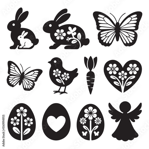Stylish Black and White Easter Icons: Bunnies, Butterflies, Eggs, Angel, and Floral Designs; Perfect for Spring Celebrations and Festive Projects.