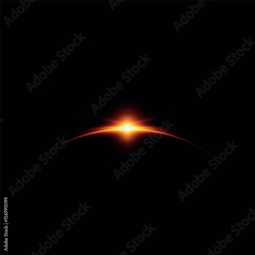 Sunrise or sunset horizon, moon eclipse with orange blur spark effect vector illustration, glowing round aura shiny rays