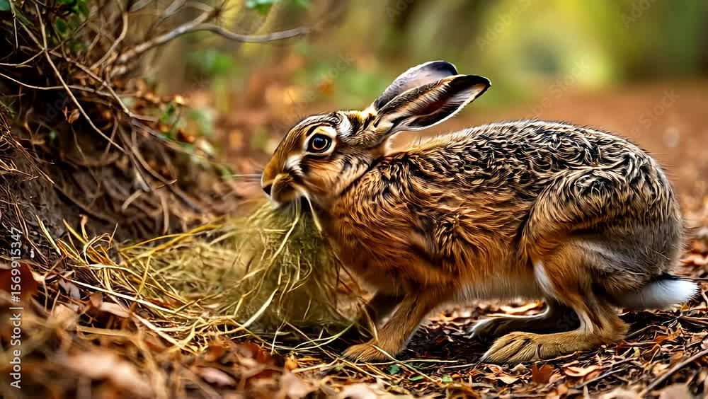 A rabbit eats a bunch of hay