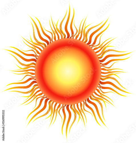 Solar mandala. Positive energy of the sun. Bright vector illustration of sun on transparent background. Isolated round sun design element. Bright flame.