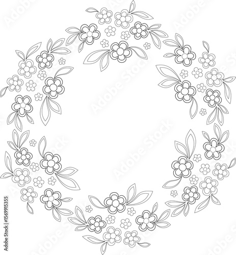 Many small flowers romantic frame coloring page. Floral wreath of flowers and leaves in country style. Monochrome flowers tattoo pattern. Black and white graceful floral illustration. Summer mandala.