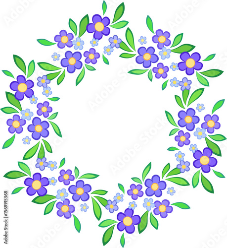 Wreath of flowers and leaves in folk style. Flowers in shadows of purple on transparent background. Romantic graceful floral illustration. Delicate spring bouquet of plant. Summer mandala.