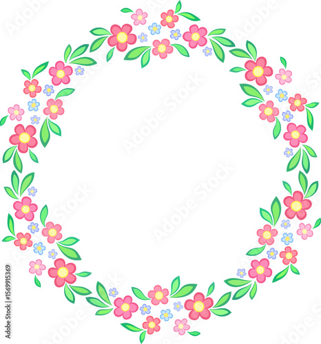 Floral wreath of flowers and leaves in country style. Flowers in shadows of pink. Romantic graceful floral illustration. Delicate spring bouquet of plant. Summer mandala.