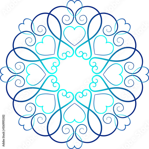Blue gradient ethnic ornament on transparent background. Fantasy ornate design element shades of blue. Graceful lace of swirl. Delicate mandala vector illustration. Geometry round ornament with hearts