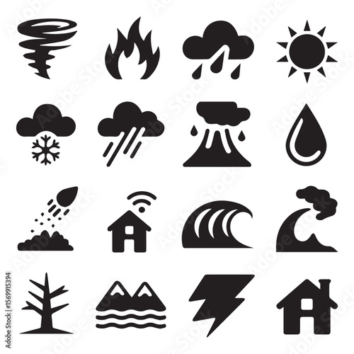 Collection of sixteen bold black glyph icons depicting natural disasters and severe weather events.