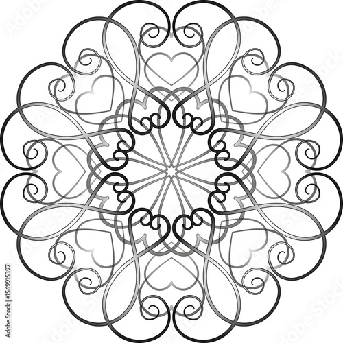 Fantasy round ornament with hearts. Black gradient ethnic pattern. Geometry ornate design element. Monochrome design of swirl. Floral delicate mandala vector illustration.