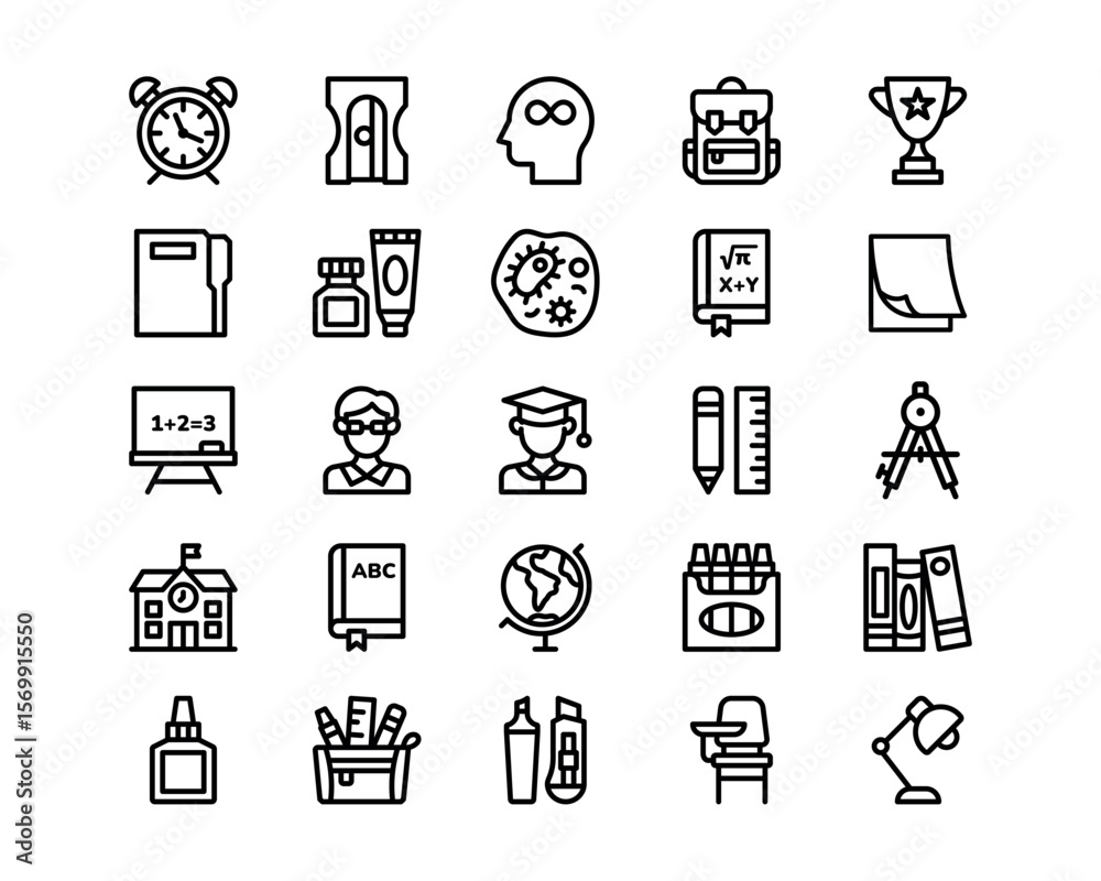 Fototapeta premium School icon set. Education vector icons. Thin line style, editable strokes. Includes learning tools, classroom elements, and digital education symbols.