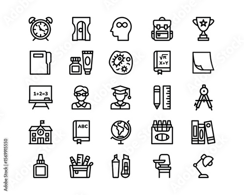 School icon set. Education vector icons. Thin line style, editable strokes. Includes learning tools, classroom elements, and digital education symbols.