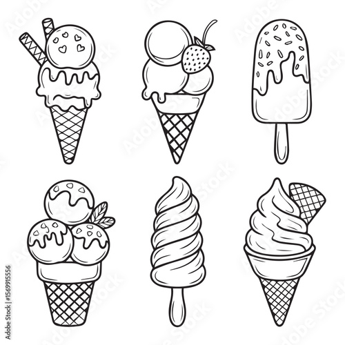 Six Delicious Black and White Line Art Ice Cream Treats: Cones, Popsicles, and Swirls; Perfect for Summer Designs and Coloring Books.