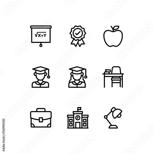 School line icon set. Education vector icons. Includes blackboard, students, desk and award symbols. Perfect for infographics, web, and apps.