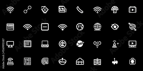 icons, Collection of finance, business, and technology silver icon set on dark background, isolated studio render, 